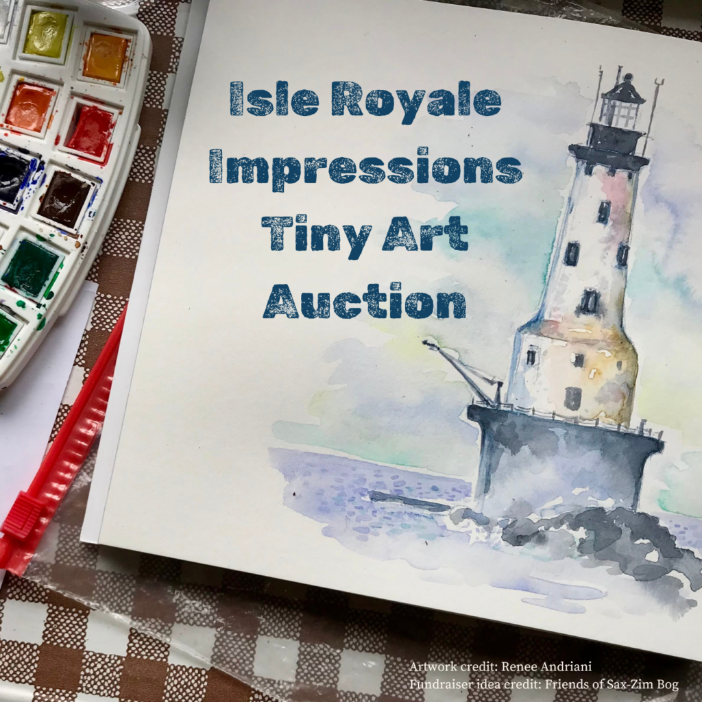 Image of the Isle Royale Impressions Tiny Art Auction logo, with a canvas featuring a painting of Rock of Ages lighthouse.